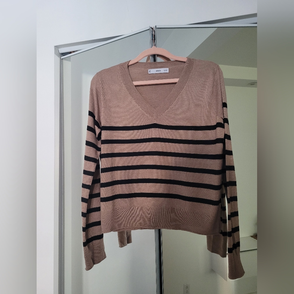 Mango Tan and Black Striped V-Neck Sweater